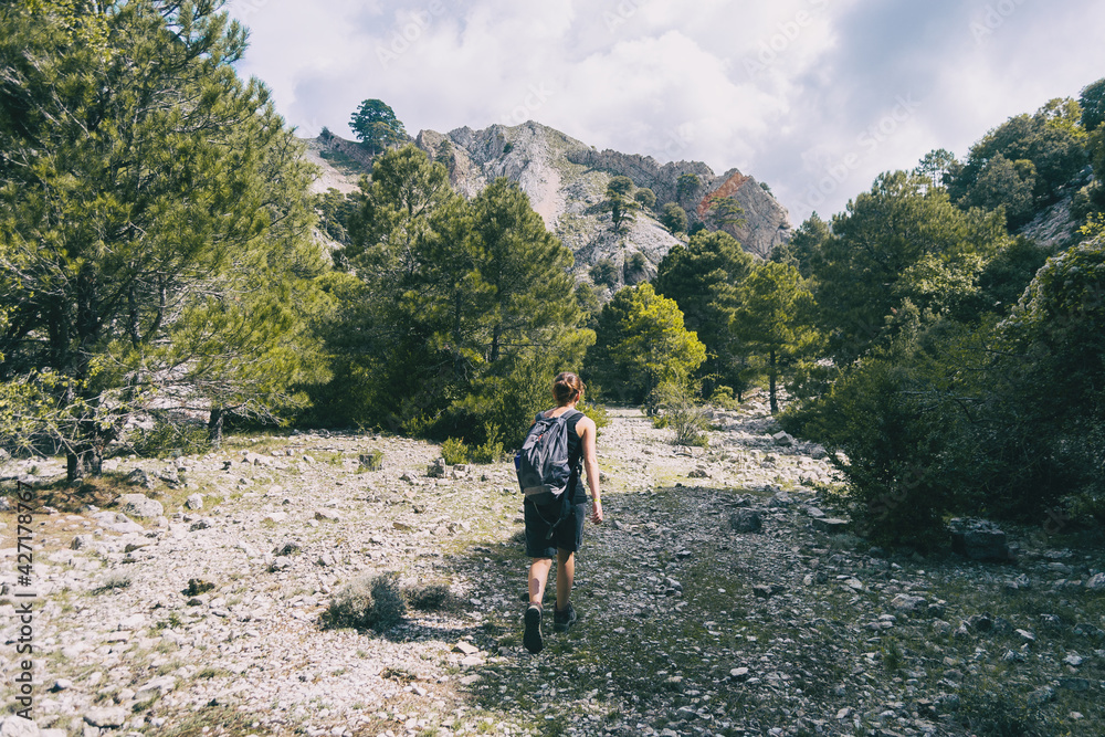 Fototapeta premium woman hiking on a mountain path in catalonia