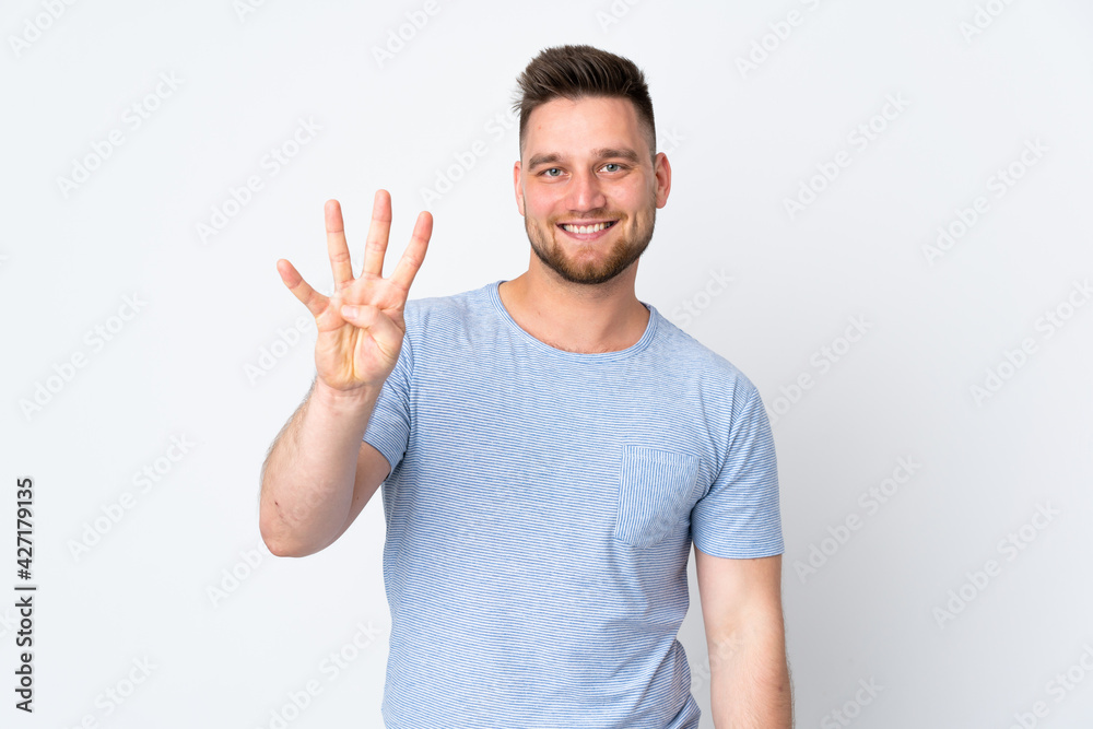 Russian handsome man over isolated background happy and counting four with fingers Russian handsome man over isolated background happy and counting four with fingers