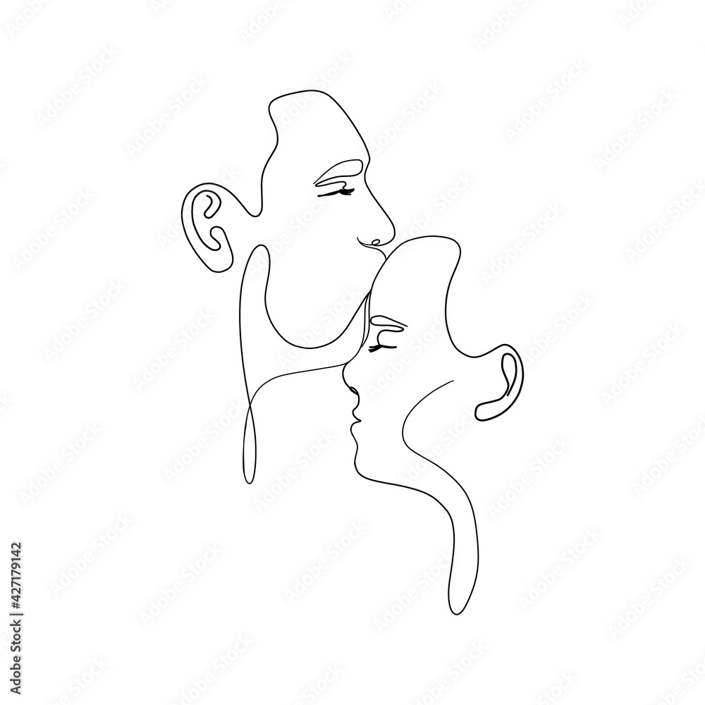 Love couple kiss line art. Minimalist man and woman faces, continuous