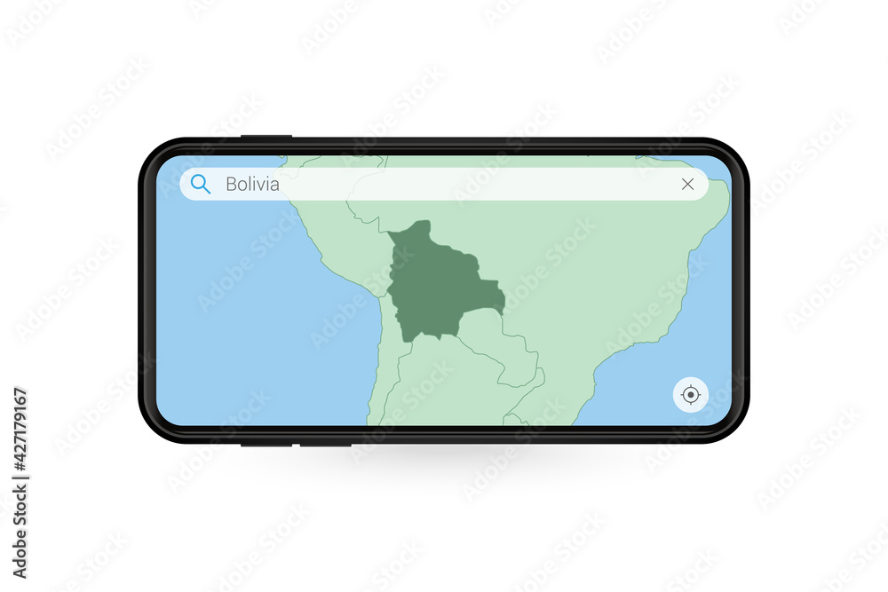 Searching map of Bolivia in Smartphone map application. Map of Bolivia in Cell Phone. Searching map of Bolivia in Smartphone map application. Map of Bolivia in Cell Phone.