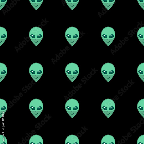 Seamless pattern with Aliens green heads. UFO, Humanoids endless backdrop isolated. Smiling visitors, Martians. Vector illustration, wallpaper on theme of space, conspiracy theory, Sci-fi, fantastic