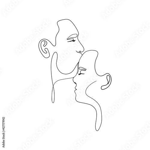 Love couple kiss line art. Minimalist man and woman faces, continuous linear drawing. Vector abstract illustration