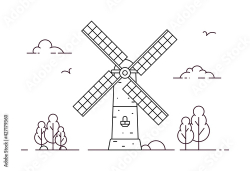 Rural landscape with old windmill. Coloring page. Vector outline illustration in flat style