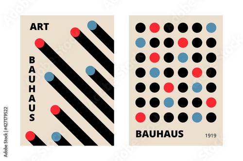 Bauhaus geometric poster set. Retro art cover decor with round simple shapes, hipster flat layout. Vector illustration