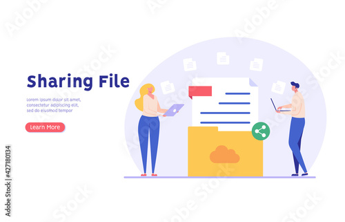 People send files for business. Concept of sharing file, data transfer, transfer of documentation, cloud service, file management, electronic document management. Vector illustration in flat design