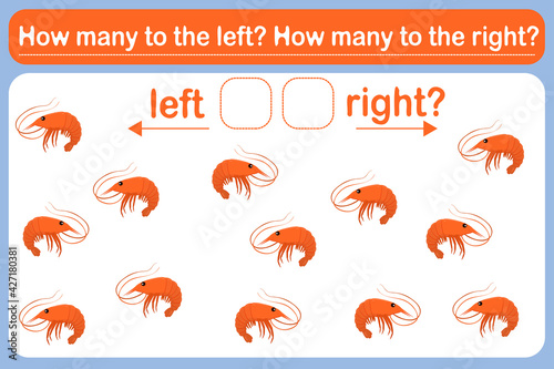 A logic game for kids called "Left or Right". Spatial orientation with shrimps. Training sheet. Count how many shrimps are turned left and how many are turned left.