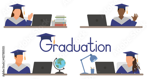 Virtual graduation ceremony. Graduates in graduating clothing sitting at desk in front of laptop at home and communicate using Internet. Vector illustration
