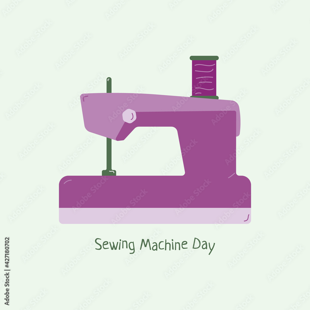 Sewing machine worlds day on 13 June. Purple sewing equipment logo in flat design.