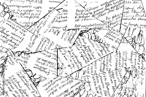 The grunge texture of a handwritten verse text written carelessly and illegibly. The sheet with the poems is torn into shreds, scraps. Vector illustration. Overlay template.