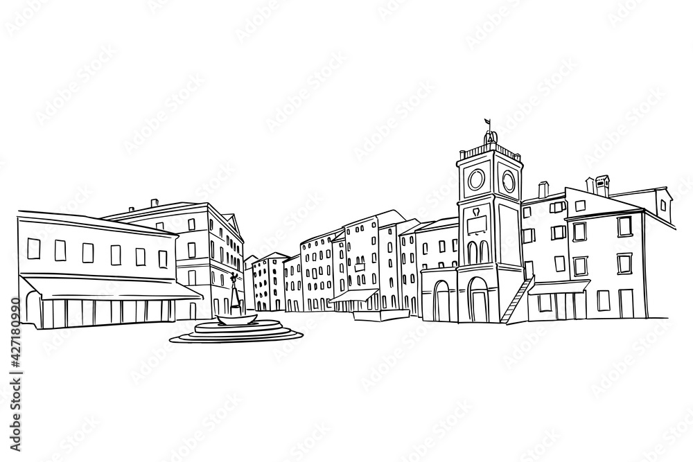 Vector sketch of Street scene in old mediterranean town of Rovinj, Croatia.