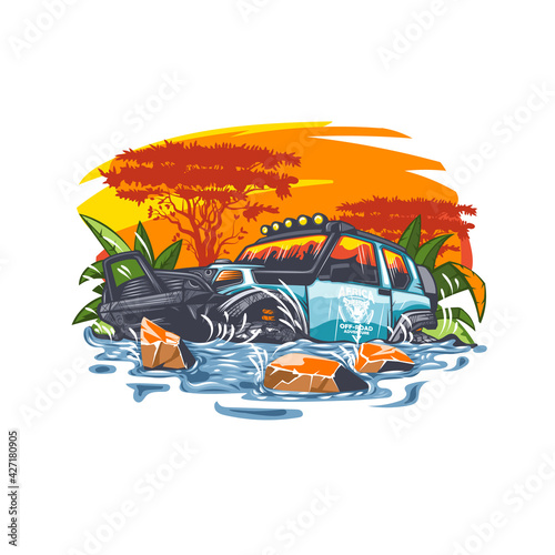 Off-road car in the water against the backdrop of the African landscape at sunset. Can be printed on T-shirts.