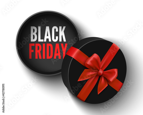 Black friday sale banner with open gift round box and red bow. Package with ribbon. Vector illustration.