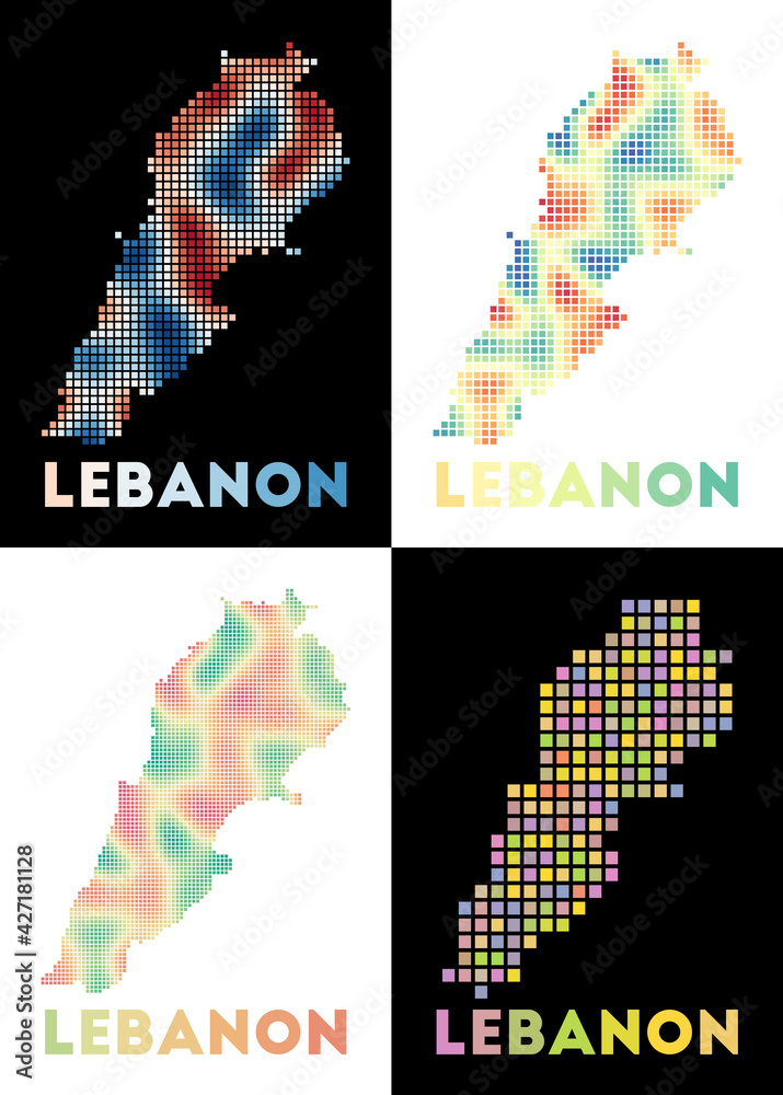 Obraz premium Collection of map of Lebanon in dotted style. Borders of the country filled with rectangles for your design. Vector illustration.
