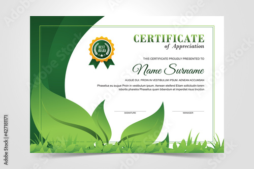 Modern environmental certificate template with green leaves 