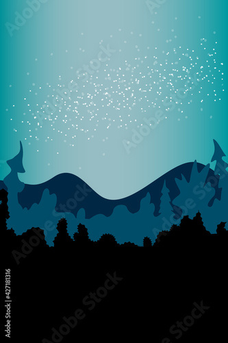 Vector abstract simple landscape backdrop, poster in blue green tones. Stars on the night sky on background of silhouette of forest, trees, mountains. Isolated illustration in flat style