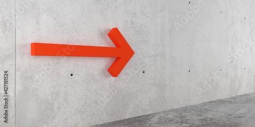 Orange red arrow on concrete wall pointing to the right  direction  business plan or way symbol minimal modern concept