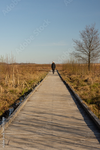 Young woman standing on a path in the middle of nature. High quality photo