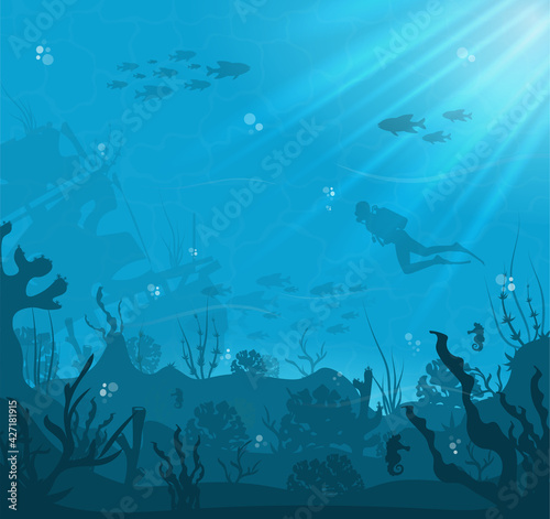 Silhouette of coral reef with fish and scuba diver on a blue sea background. Underwater marine wildlife. Nature vector illustration.