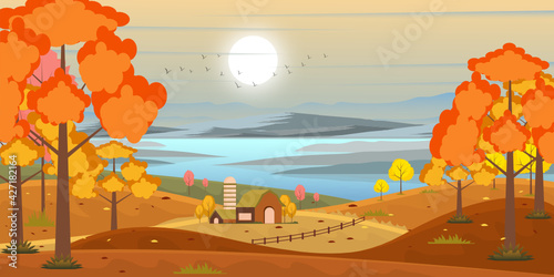 
A scenic view in an autumn background, well-defined flat illustration 

