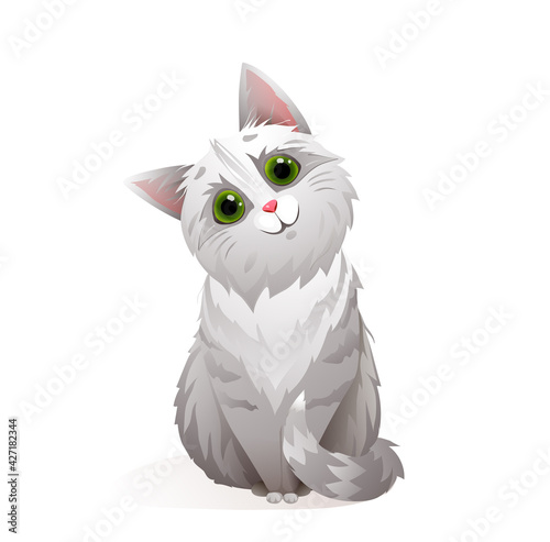 Adorable cat smiling looking with big begging eyes, funny and fluffy kitten mascot. Cute cat vector illustration cartoon.