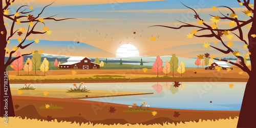  A scenic view in an autumn background  well-defined flat illustration   