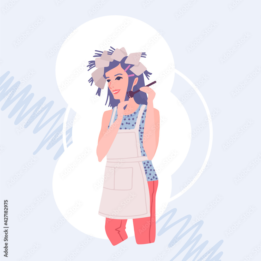 The woman dyes her head hair. Home care for yourself. Women's cosmetics for hair, hairstyle colors. Vector illustration The woman dyes her head hair. Home care for yourself. Women's cosmetics for hair, hairstyle colors. Vector illustration