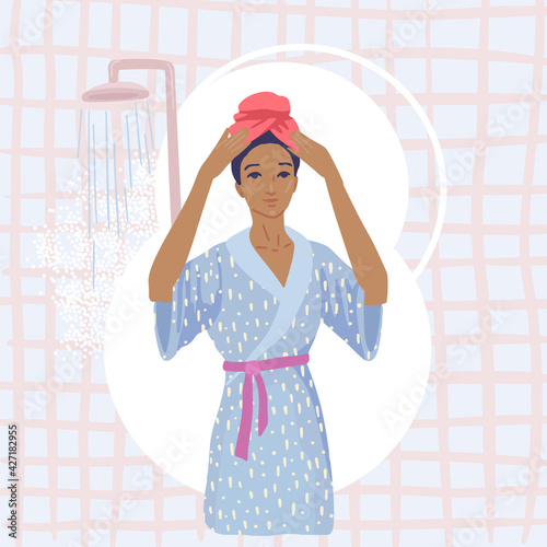 Woman puts a towel on head, dry her hair after a shower, get out of the shower in a bathrobe. Vector illustration