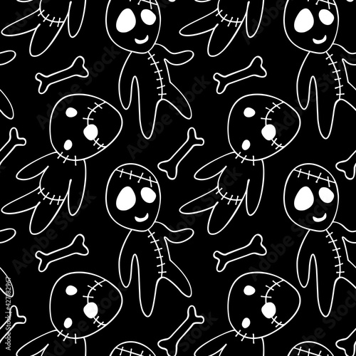 Vector seamless pattern with cute zombies in cartoon style. Outline doodle illustration isolated. Halloween backgrounds and textures. For holiday design, greeting card, wrap, web