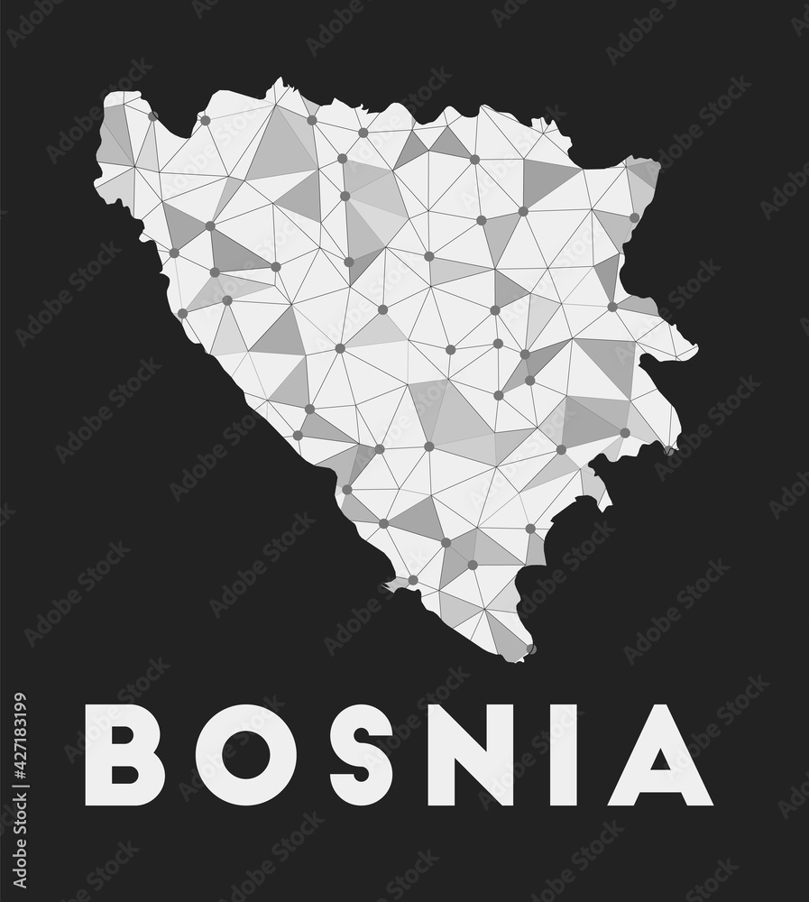 Bosnia - communication network map of country. Bosnia trendy geometric design on dark background. Technology, internet, network, telecommunication concept. Vector illustration. Bosnia - communication network map of country. Bosnia trendy geometric design on dark background. Technology, internet, network, telecommunication concept. Vector illustration.