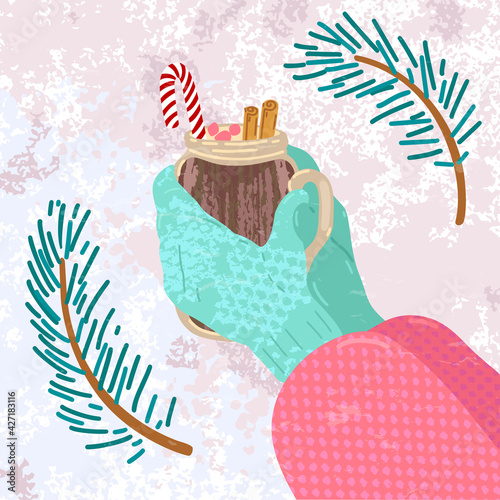 Hot cocktail in hand, mittens, branches of a Christmas tree, warming up in cold winter. Vector Christmas illustration.