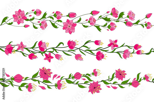 Wallpaper Mural Stylized fantasy flowers seamless borders set. Endless repeating floral brushes collection. Pink botanic garlands isolated on white clip art template. Torontodigital.ca