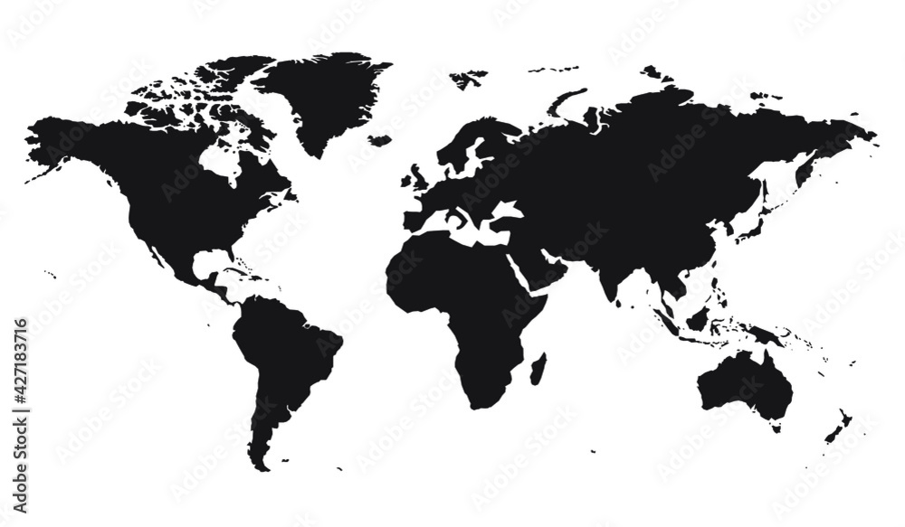 Fototapeta premium World map. World map vector, isolated on white background. Flat Earth, black map template. Globe similar world map icon. Travel worldwide.