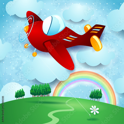 Red airplane hanging at the flower on country landscape, vector illustration eps10