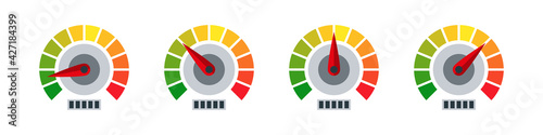 Gauge icons. Risk level gauge. Level indicator. Performance measurement. Vector graphic