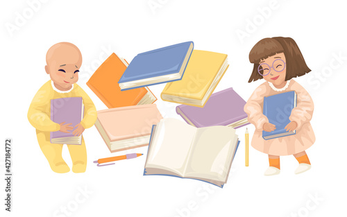 Boy and girl holding books and smiling, toddlers learning, science education, smart kids and stacks of books. Vector cartoon illustration