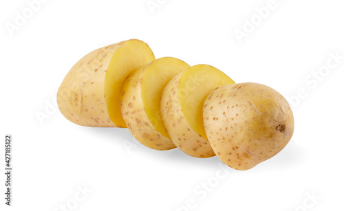Raw potatoes cut in half isolated on white background