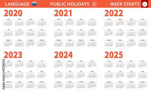 2020-2025 year calendar in Slovenian language, week starts from Sunday.