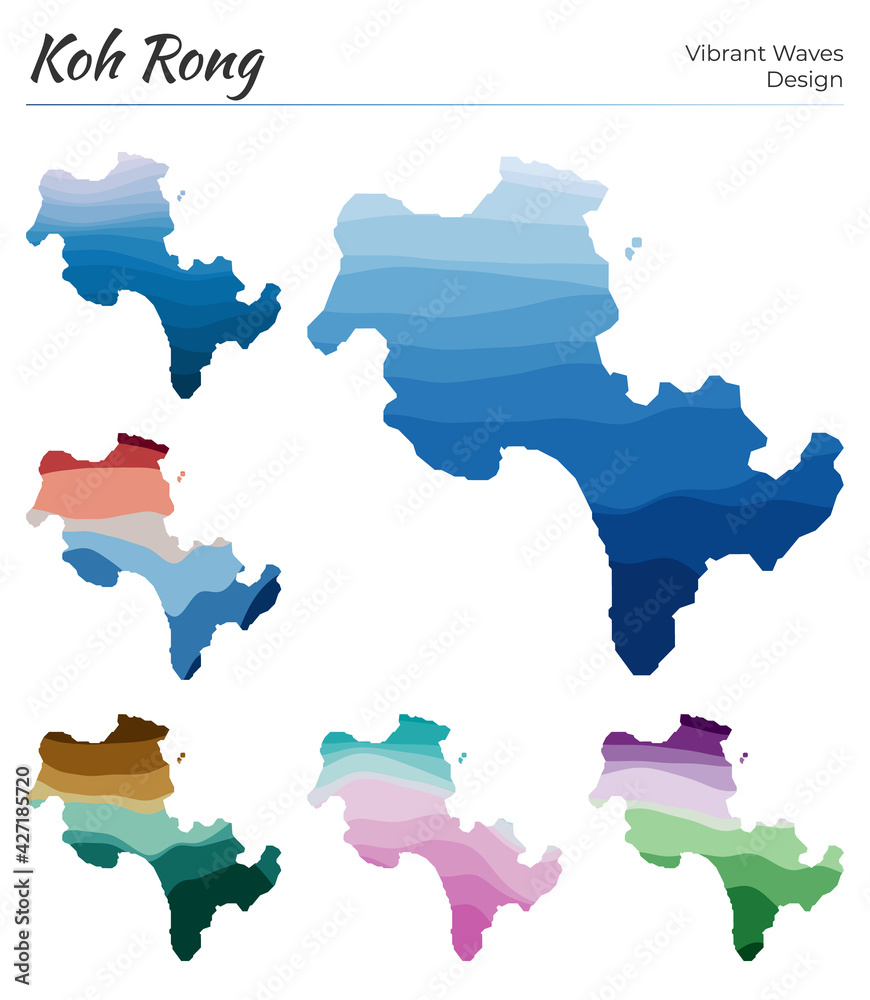 Set of vector maps of Koh Rong. Vibrant waves design. Bright map of island in geometric smooth curves style. Multicolored Koh Rong map for your design. Authentic vector illustration. Set of vector maps of Koh Rong. Vibrant waves design. Bright map of island in geometric smooth curves style. Multicolored Koh Rong map for your design. Authentic vector illustration.