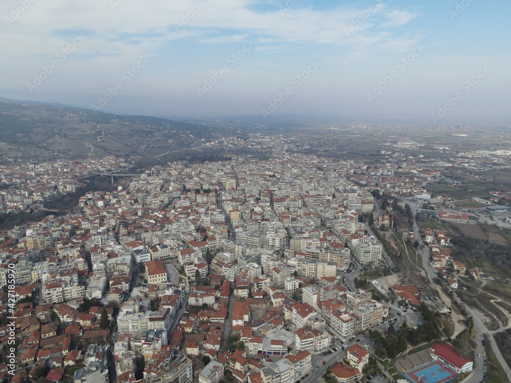 Fototapeta premium Aerial View, Veria City, A Cloudy Day, Greece, Central Macedonia, Imathia