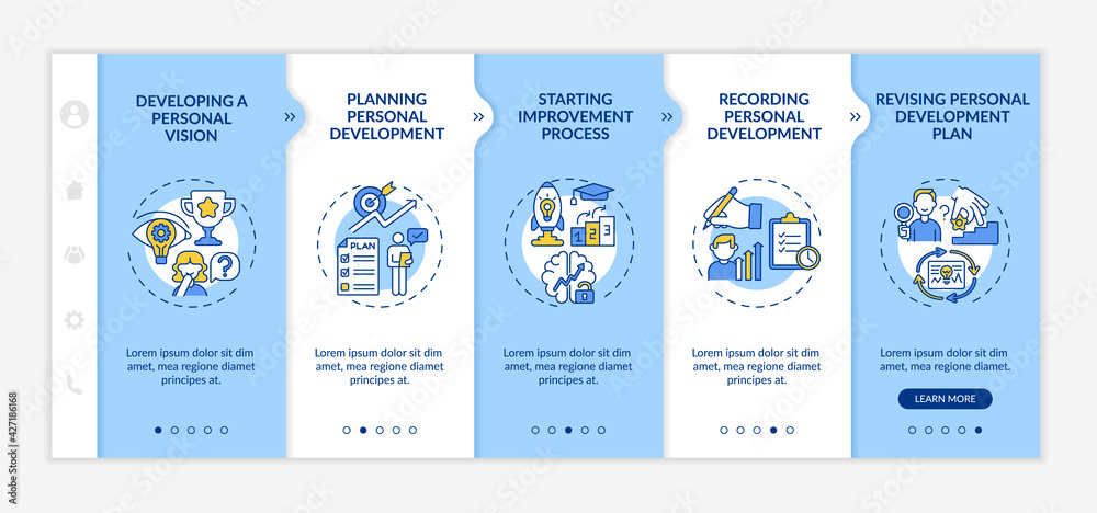 Personal development progress onboarding vector template. Responsive mobile website with icons. Web page walkthrough 5 step screens. Self-improvement color concept with linear illustrations