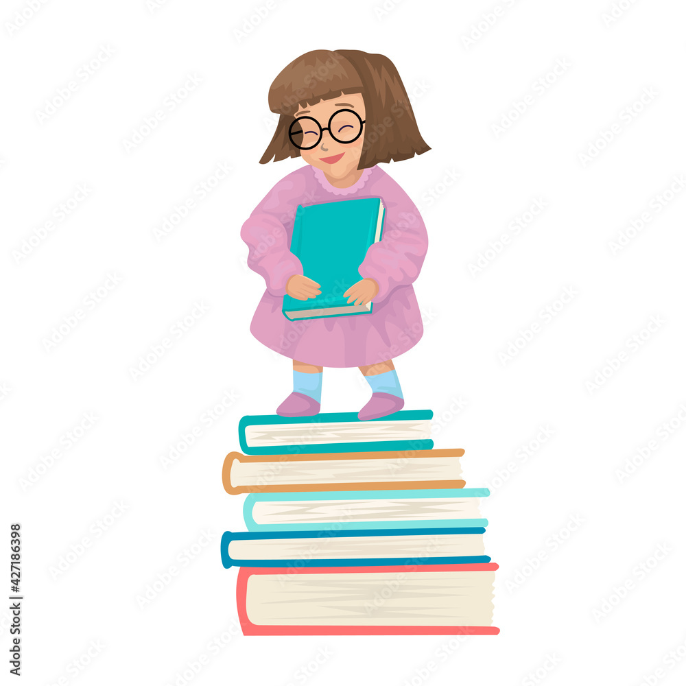 Girl holding book, smiling, back to school, stack of books, study symbol. Vector isolated object on white background Girl holding book, smiling, back to school, stack of books, study symbol. Vector isolated object on white background