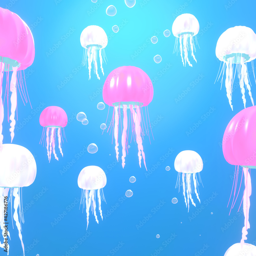 Cartoon pink and white jellyfish in the deep sea. 3d rendering picture. Cartoon pink and white jellyfish in the deep sea. 3d rendering picture.