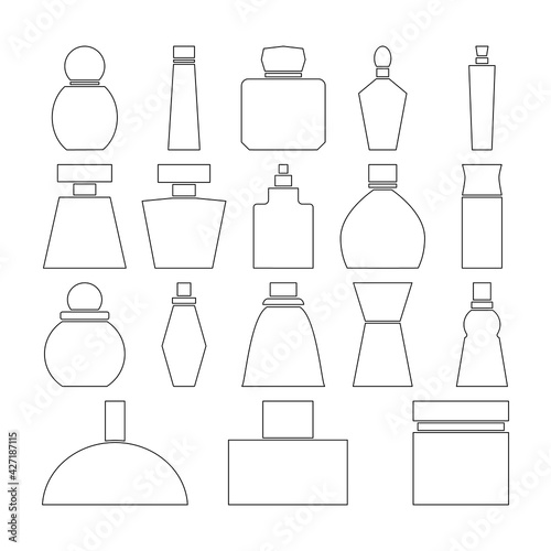 Set of perfume bottles icons. Linear and outline vector icons. Clipart and drawing on white background.