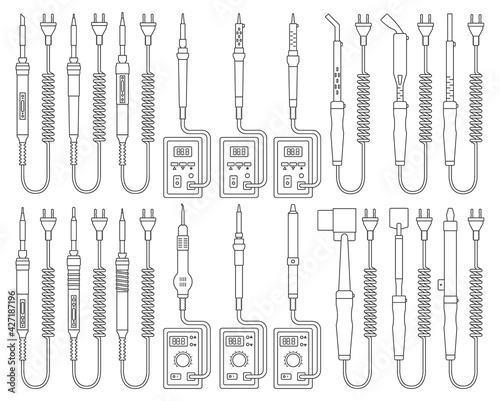Soldering iron isolated outline set icon. Vector illustration solder on white background. Vector outline set icon soldering iron.