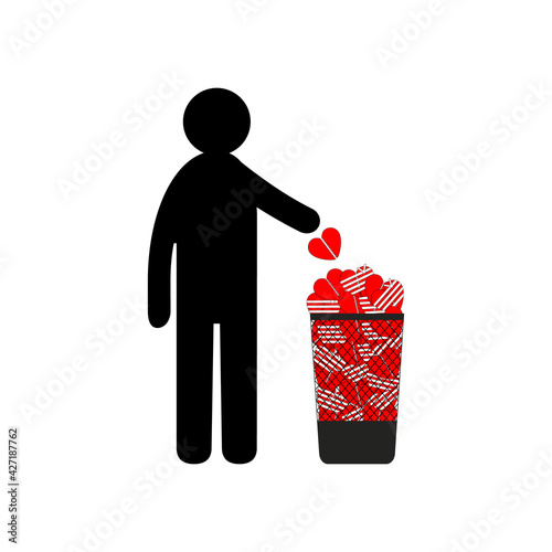 Man throws broken heart into trash can. Conceptual vector clipart and drawing. Isolated illustration on white background.  