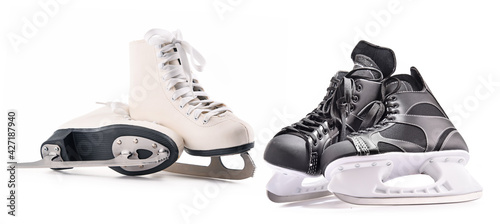 Ice hockey skates and figure skates isolated on white photo
