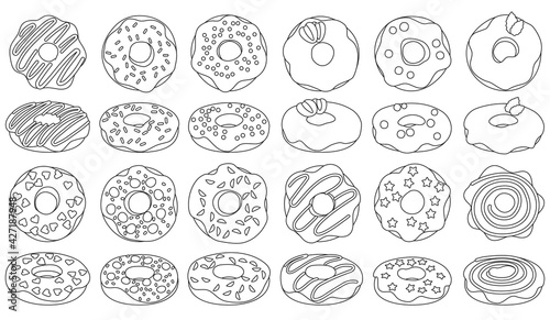 Doughnut outline vector set illustration of icon.Isolated collection illustration outline of donut on white background.Vector set icon of chocolate doughnut.