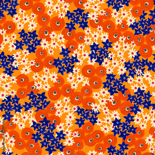 Seamless pattern Abstract painted orange blue white red flowers. Floral repeating background. Ditsy print. Seamless texture. Surface pattern design for textile, fashion, fabric, wallpaper, summer .