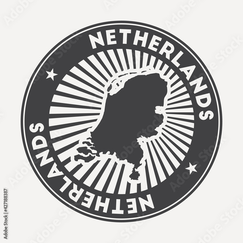 Netherlands round logo. Vintage travel badge with the circular name and map of the country, vector illustration. Can be used as insignia, logotype, label, sticker or badge of the Netherlands.