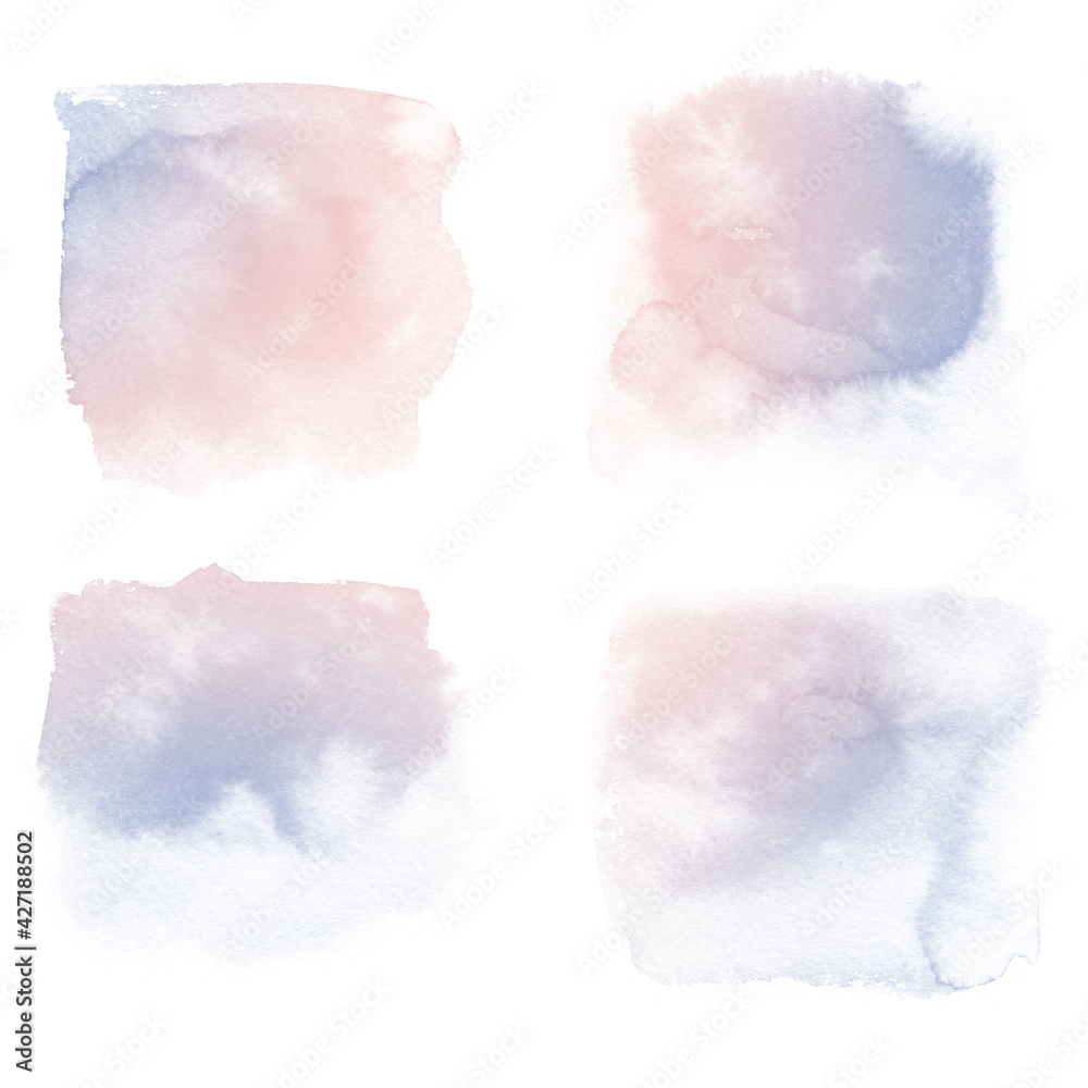 Fototapeta premium Color rose quartz, serenity watercolor blobs, isolated on white background. Shape design blank watercolor colored rounded shapes web buttons on white background.